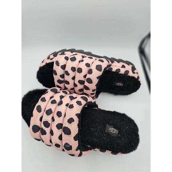 UGG Womens Maxi Slide Cheetah Print Pink Scallop With Faux Fur Size 10 - Picture 1 of 4